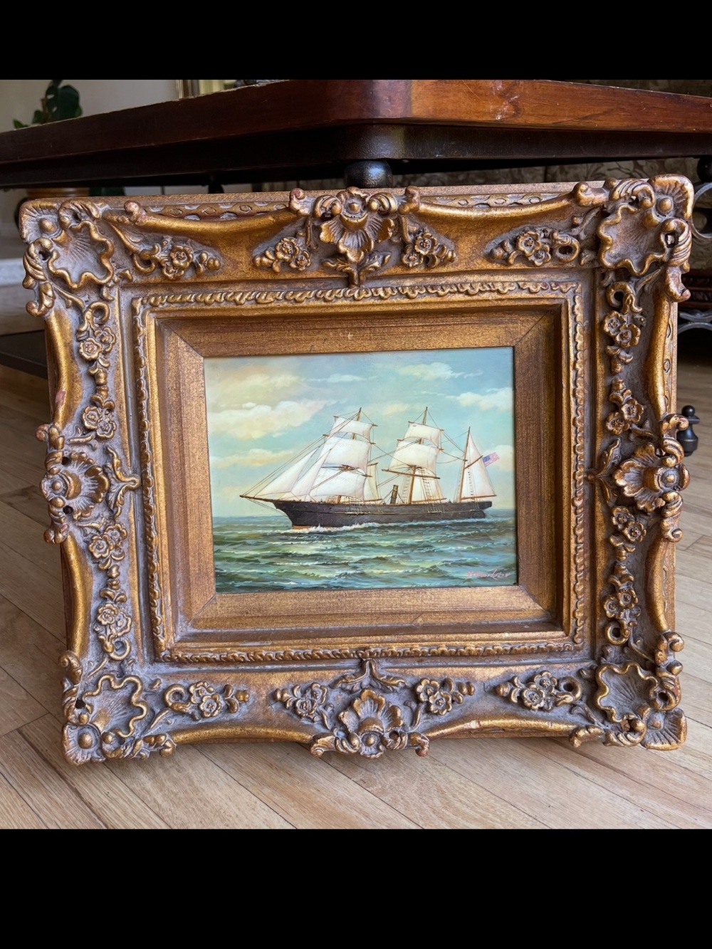 H Parker Signed Framed Nautical Oil Painting in Gold Frame - Ship Seascape
